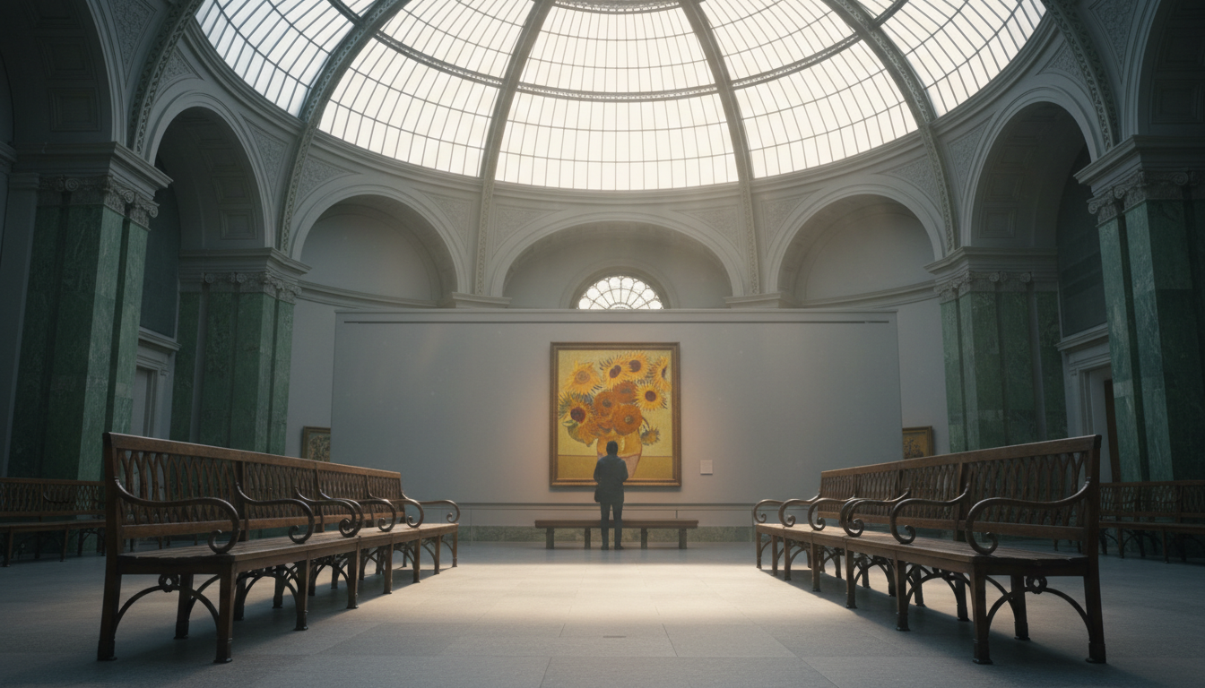 Early morning light streaming through the National Gallerys domed ceiling, a single visitor silhouet