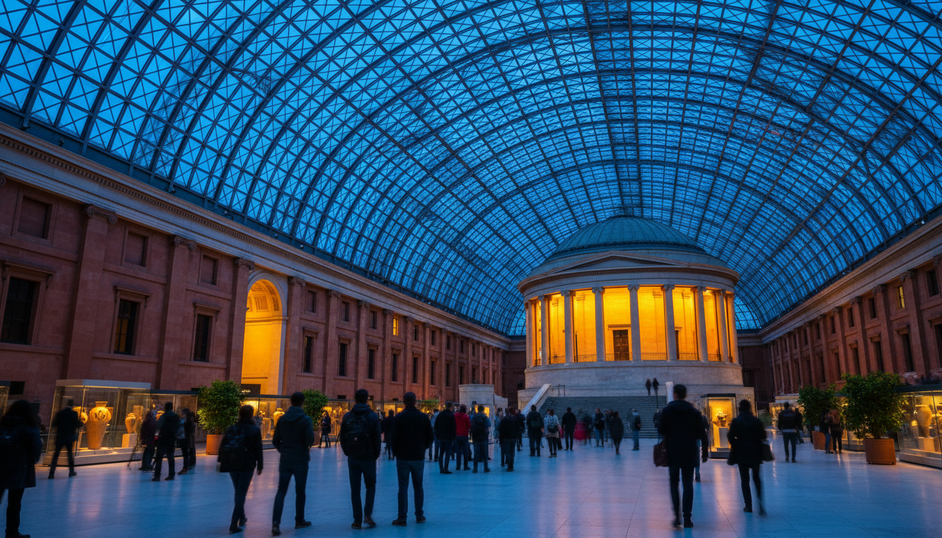The British Museums Great Court at dusk, geometric glass ceiling glowing blue, scattered visitors be