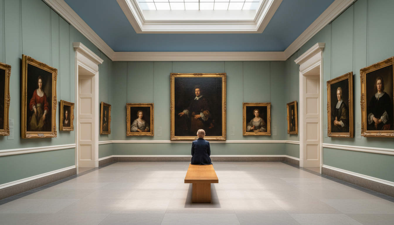Dulwich Picture Gallerys skylit interior, warm natural light falling on Old Master paintings, a lone