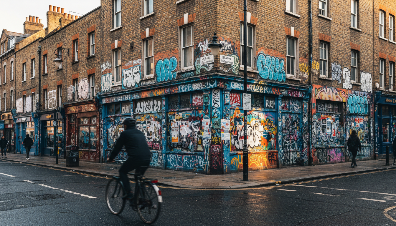 Shoreditch street corner covered in layered graffiti and wheat-paste art, a cyclist passing, Victori