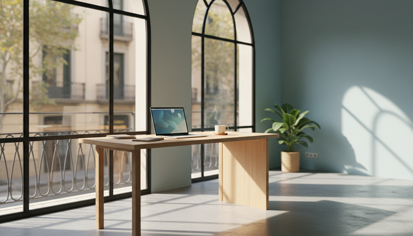 Morning light streaming through tall windows of a modernist Barcelona apartment, laptop open on a wo