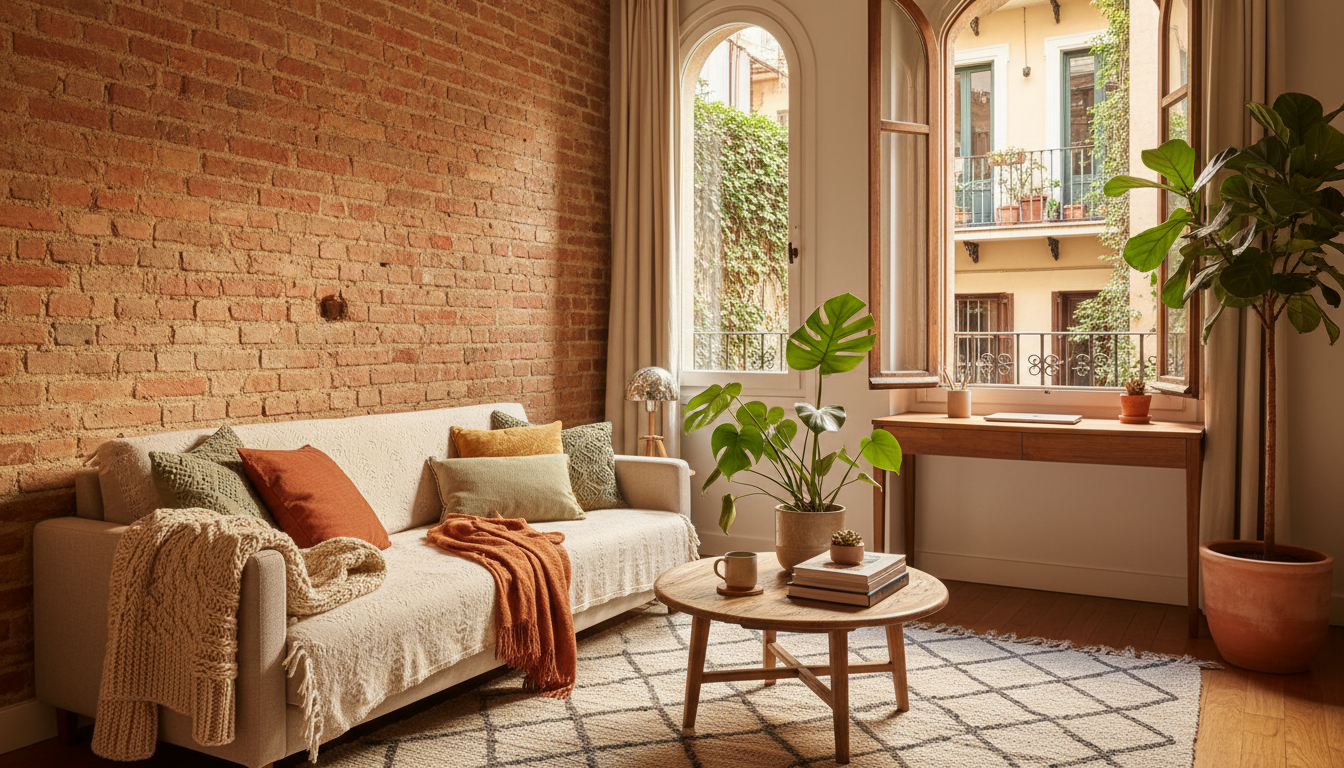 Cozy living room in a Barcelona apartment with exposed brick, comfortable sofa, plants, and a small