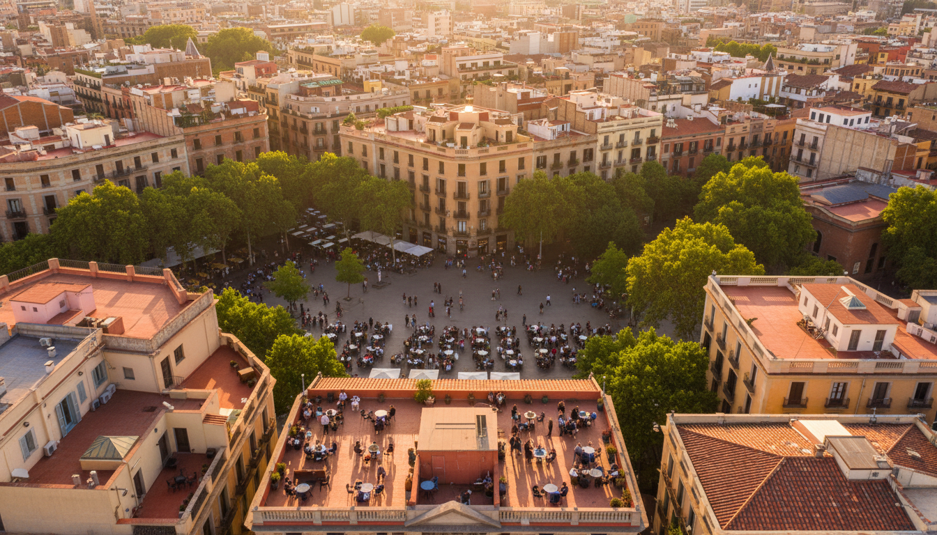 Aerial view of Grcia neighborhood at golden hour, showing the distinctive plaza with outdoor caf sea