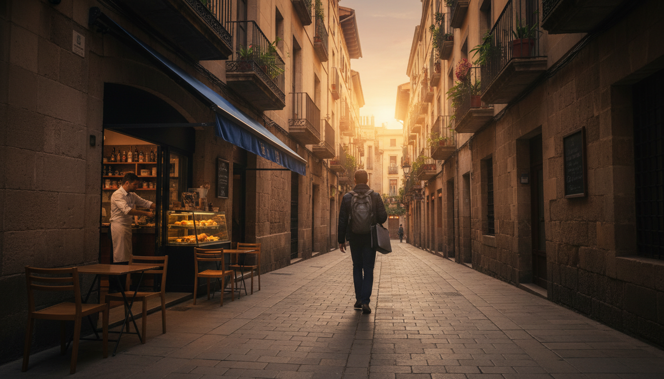 Narrow street in El Born neighborhood with morning light, a person walking with a laptop bag, histor