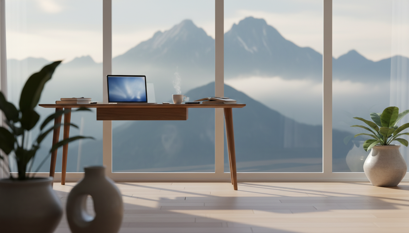 morning light streaming through large windows of a modern Chapinero apartment, laptop on wooden desk