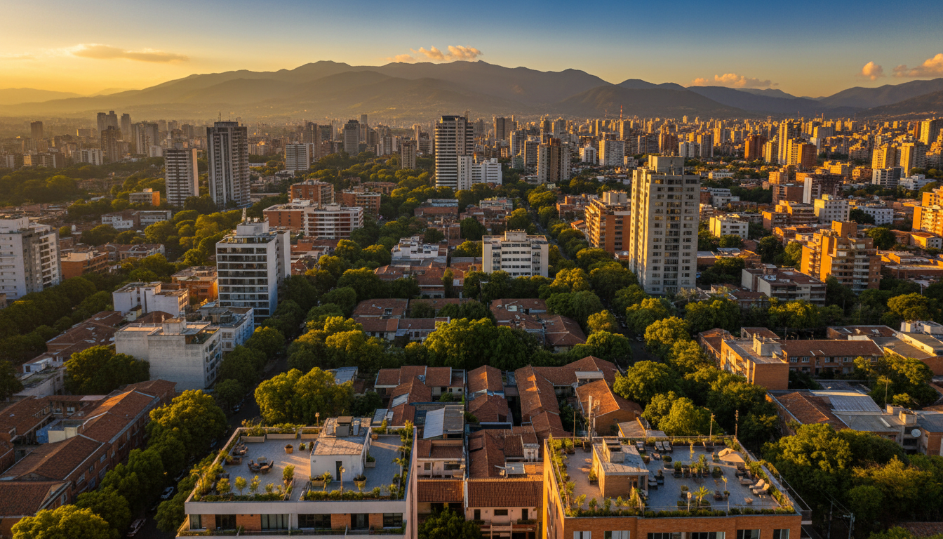 aerial view of Bogots Chapinero neighborhood at golden hour, mix of modern high-rises and tree-lined