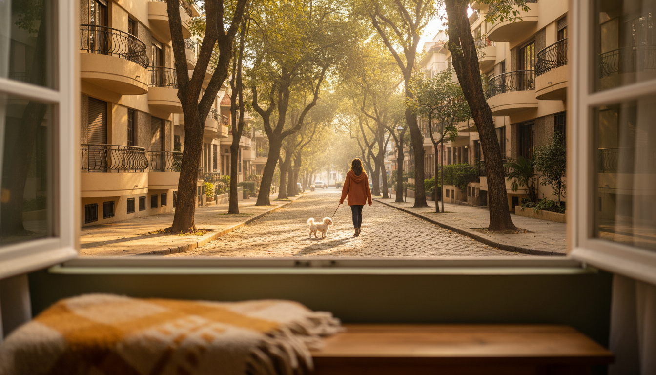quiet tree-lined street in Quinta Camacho neighborhood, art deco apartment buildings with balconies,