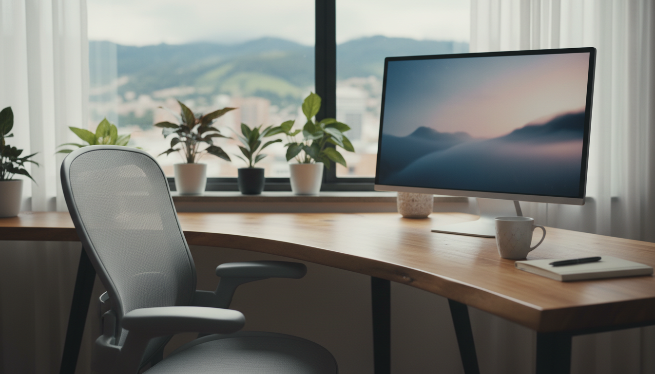 cozy home office setup in Bogot apartment, ergonomic chair at wooden desk, large monitor, plants on