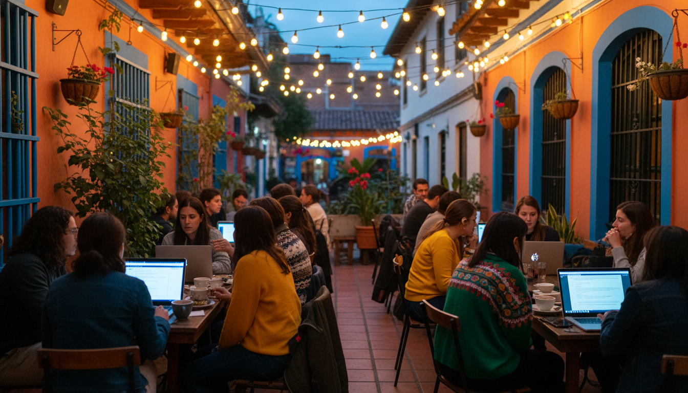 group of people at outdoor caf in La Macarena, mix of laptops and conversations, string lights overh