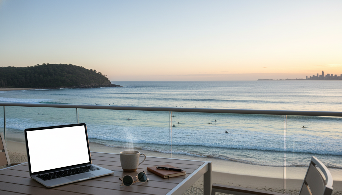 sunrise view from a Burleigh Heads apartment balcony with laptop open on outdoor table, coffee steam