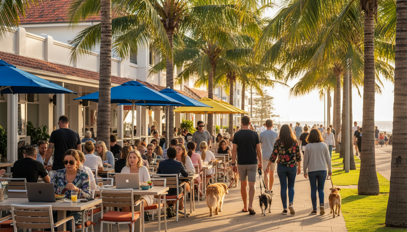 James Street Burleigh Heads on a Saturday morning, locals walking dogs, outdoor caf seating filled w