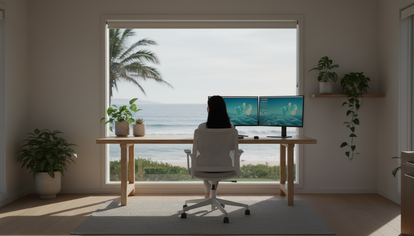 cozy home office setup in an Australian beach house, desk facing window with ocean glimpse, indoor p