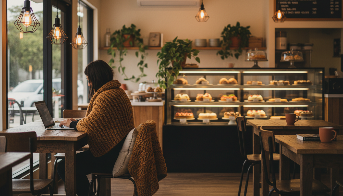 interior of Paddock Bakery Miami Gold Coast, rustic wooden tables, industrial lighting, person worki