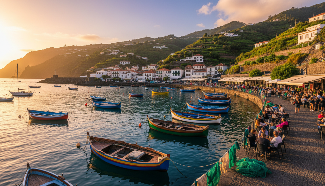Cmara de Lobos harbor at golden hour, colorful fishing boats bobbing in calm water, terraced hillsid