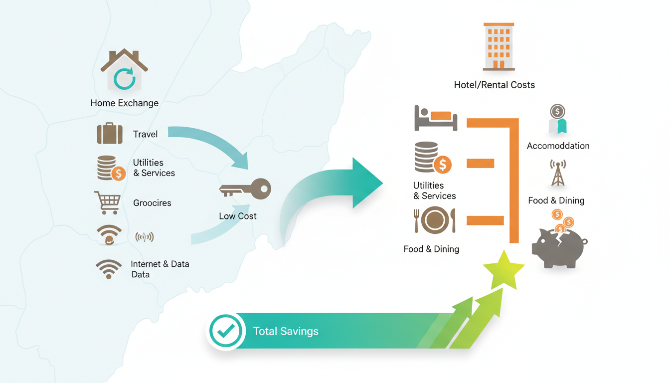 Infographic showing monthly cost breakdown for remote workers in Madeira, comparing home exchange co