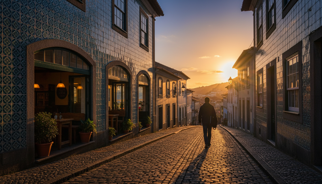 Remote worker walking along a Funchal street at sunset, laptop bag over shoulder, passing traditiona