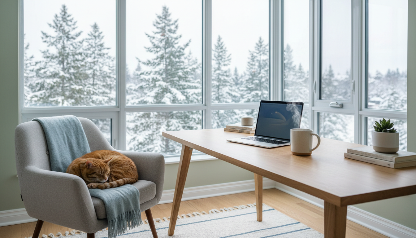 cozy home office setup in a bright Ottawa condo with large windows showing snow-covered trees outsid