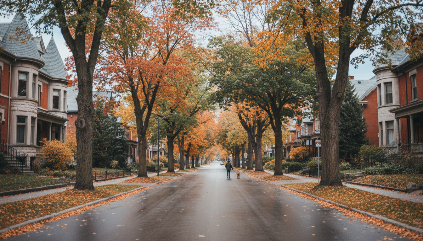 tree-lined residential street in Sandy Hill Ottawa during autumn, Victorian homes with colorful leav