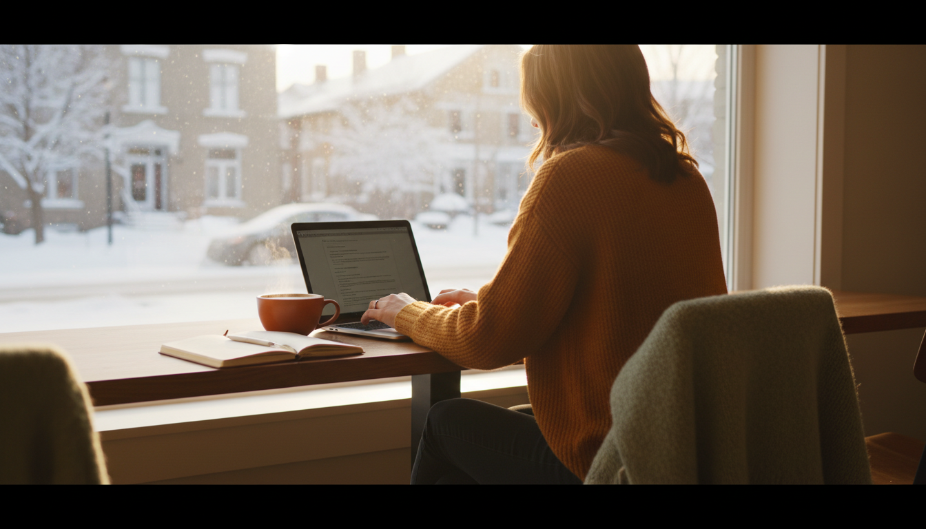 person working at a laptop in a bright Ottawa caf, winter scene visible through the window, coffee a
