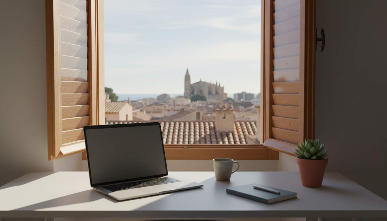 Morning light streaming through wooden shutters onto a minimalist workspace with laptop, overlooking