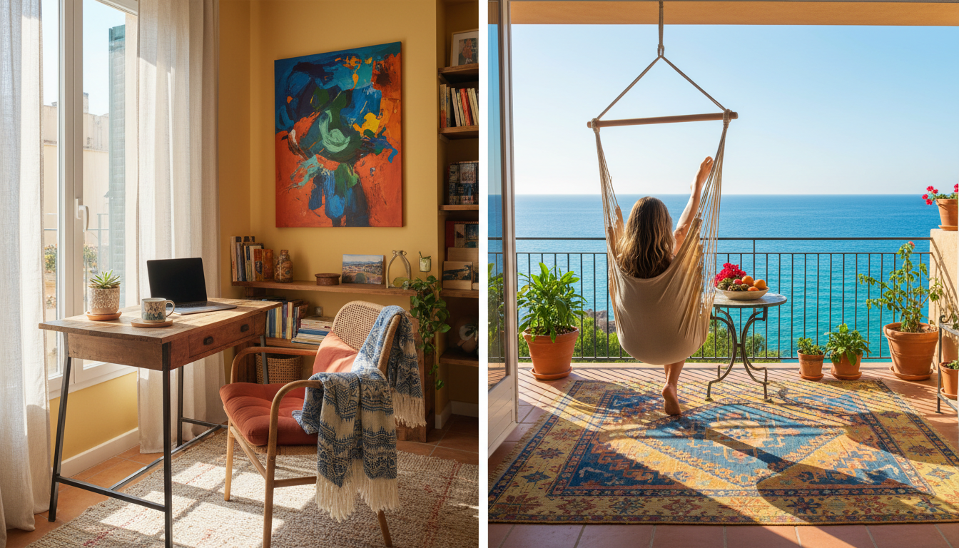Split-screen showing a cozy Palma apartment interior with dedicated desk space on one side, and the