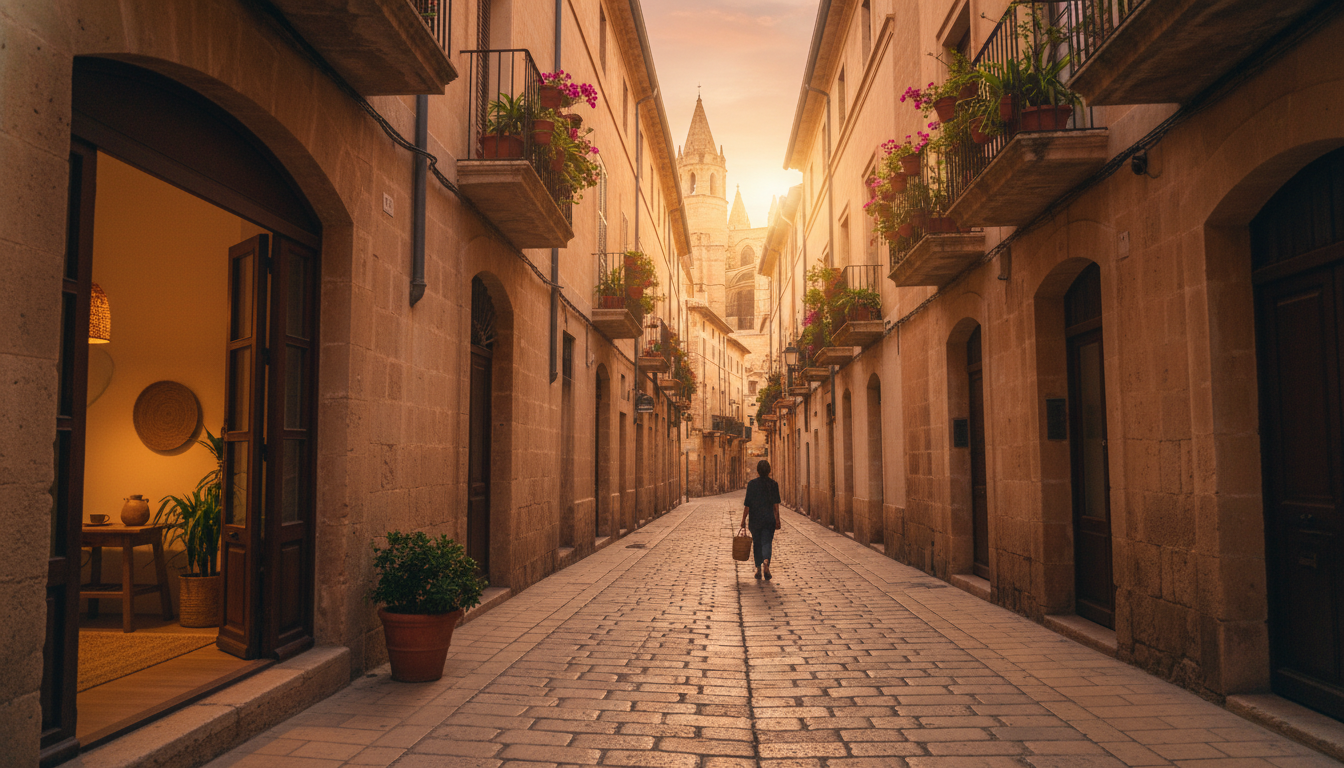 Narrow cobblestone street in Palmas La Lonja district at golden hour, with honey-colored stone build