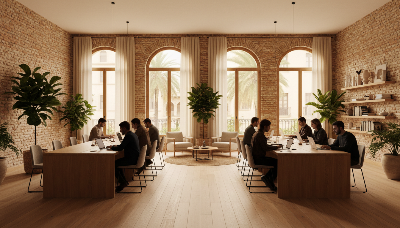 Bright, airy coworking space in Palma with exposed brick walls, large windows, and remote workers at
