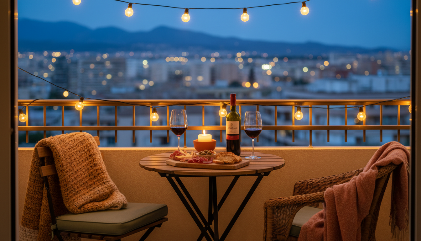Cozy evening scene on a Palma apartment balcony with string lights, a small table with wine and tapa
