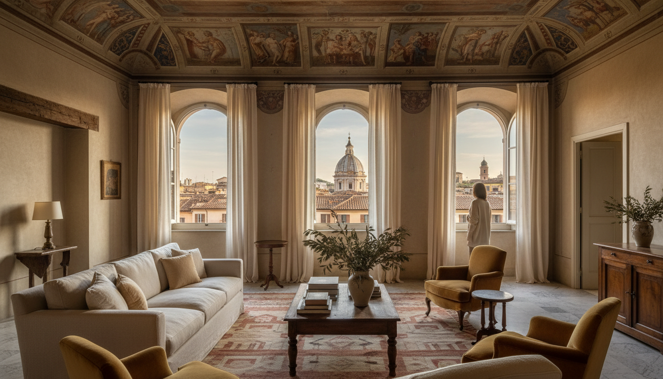 Elegant Roman apartment interior with original frescoed ceilings, antique furnishings, and tall wind