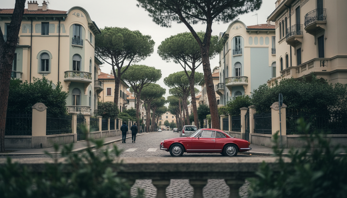 Leafy residential street in Parioli with art nouveau villa facades, mature umbrella pines, and a vin