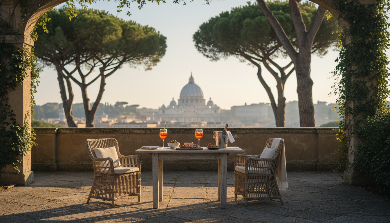 Private garden terrace on the Aventine Hill at golden hour, with umbrella pines framing a distant vi