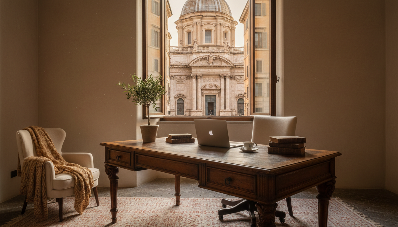 Elegant home office setup in a Roman apartment with antique desk, modern laptop, and window view of