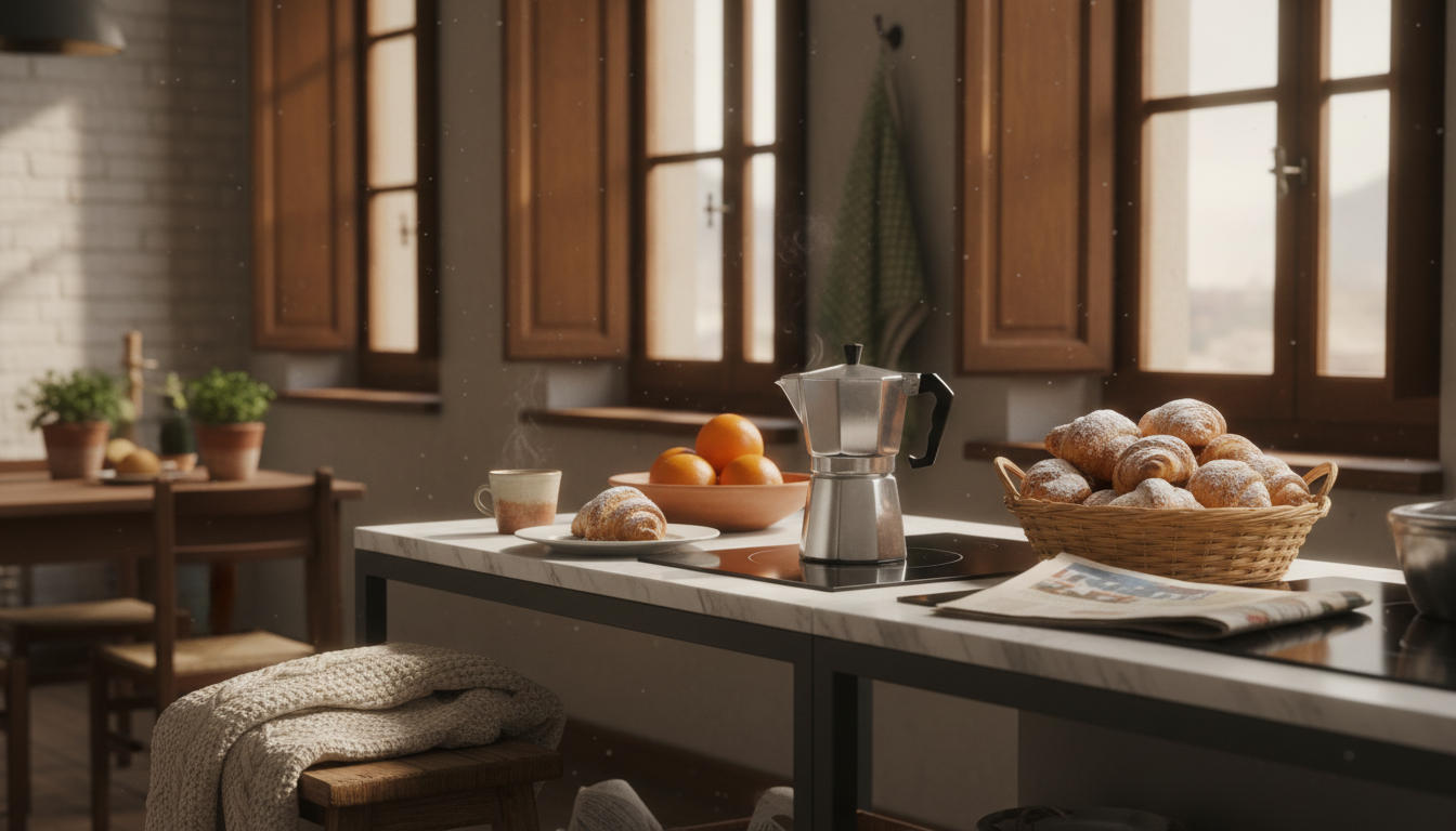 Morning scene in a Roman kitchen with moka pot on the stove, fresh cornetti from the local pasticcer
