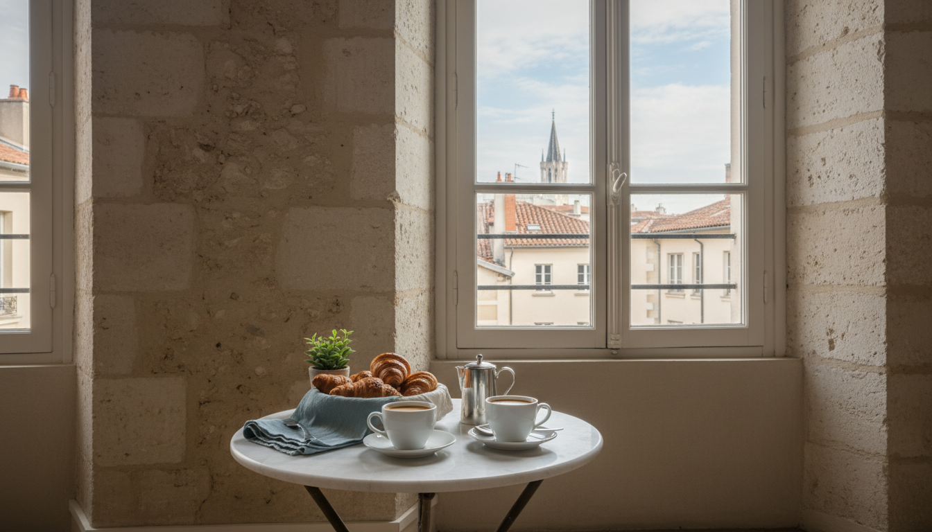 Morning light streaming through tall windows in a classic Lyonnaise apartment, exposed stone walls,