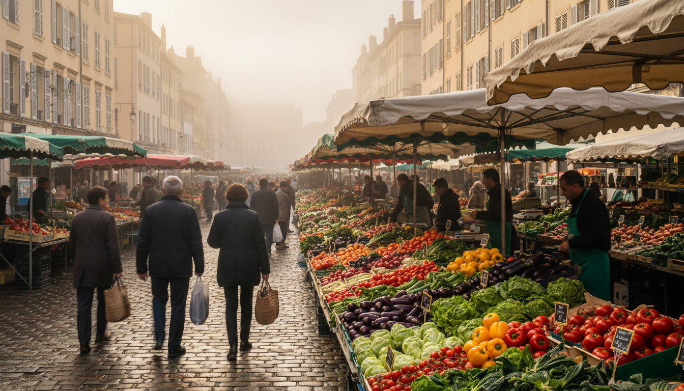 Bustling Saturday morning market on Boulevard de la Croix-Rousse, vendors with colorful produce disp