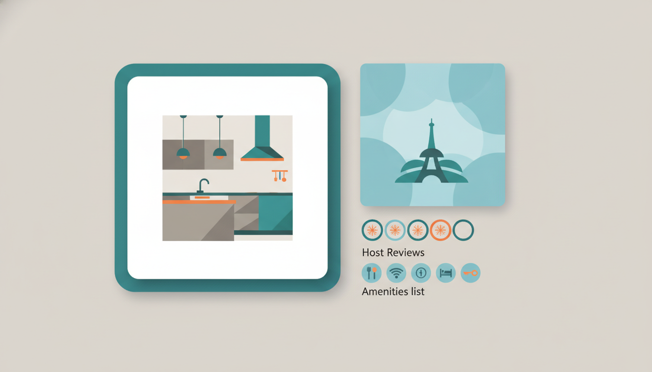 Screenshot-style graphic showing a home exchange listing with key elements highlighted kitchen photo