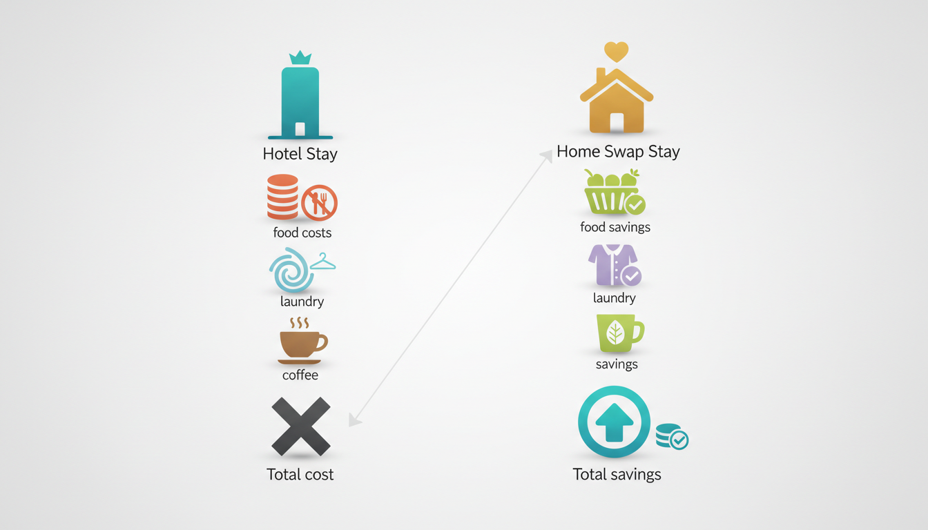 Hand-drawn style infographic comparing two columns Hotel Stay vs Home Swap Stay with illustrated ico