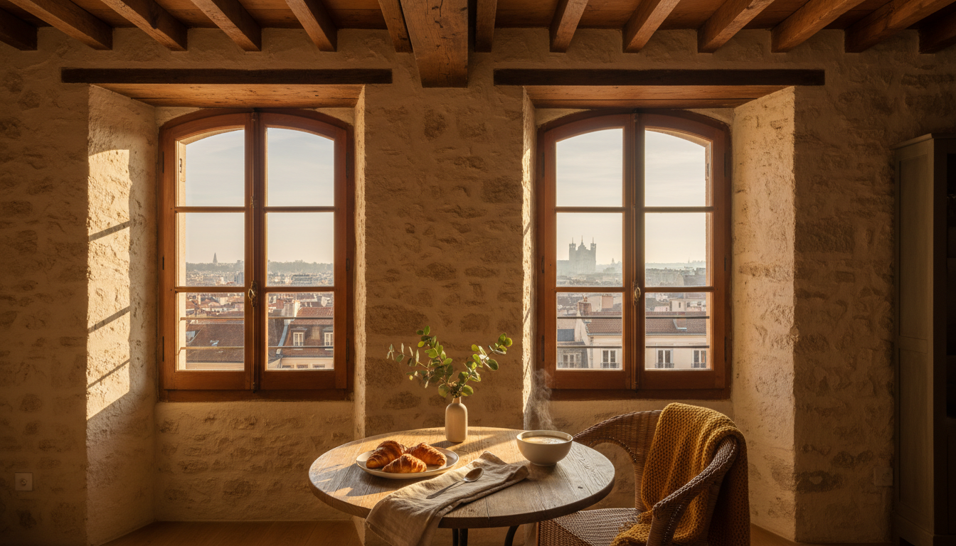 Morning light streaming through tall windows of a historic Lyon apartment, exposed stone walls, wood