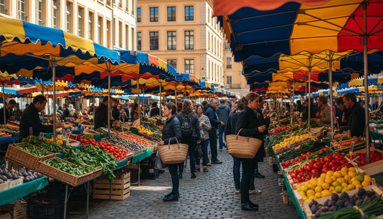 The bustling Croix-Rousse market on a Saturday morning, vendors selling fresh produce under striped