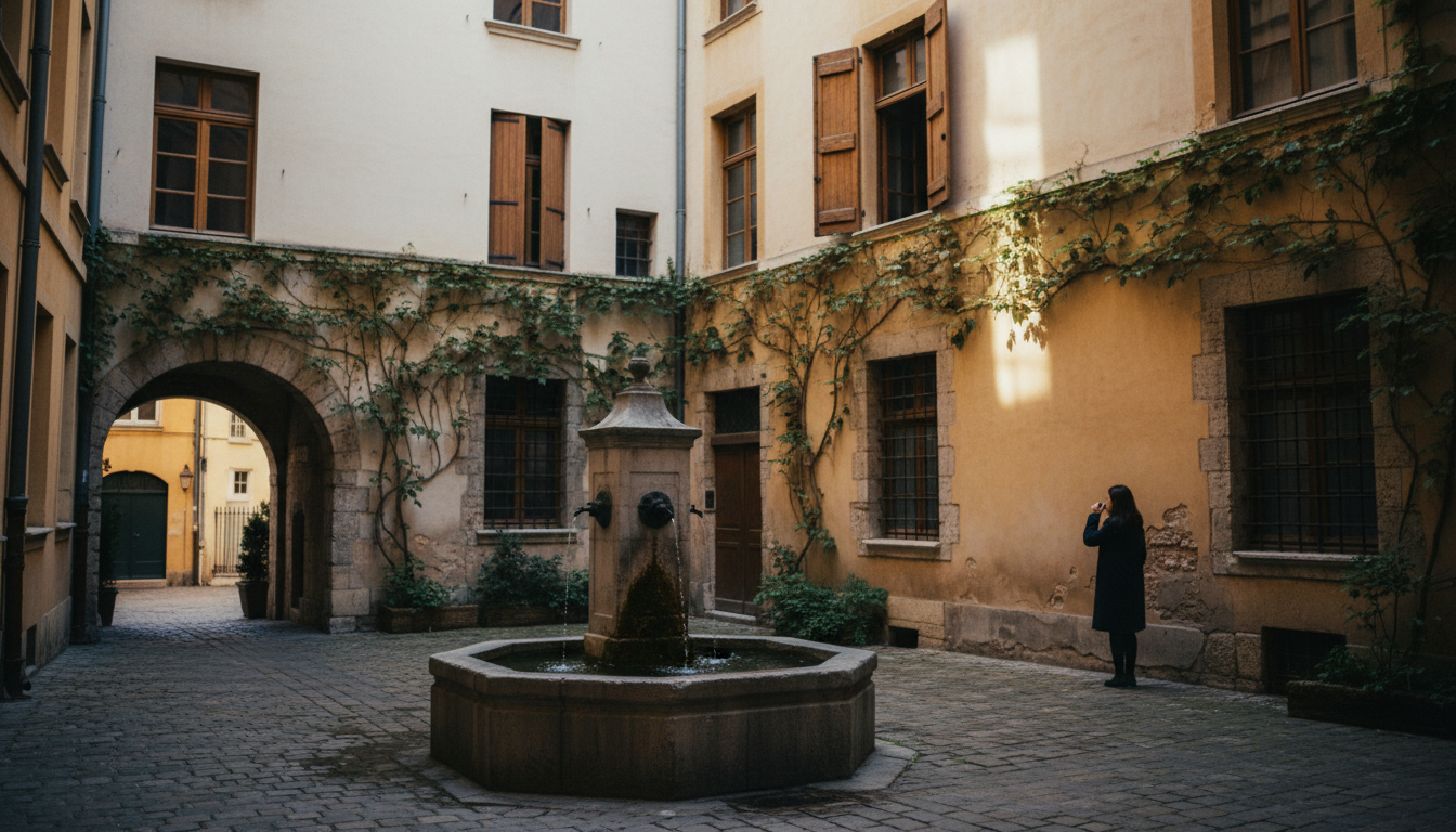 A quiet courtyard in Vieux Lyon at golden hour, Renaissance architecture with climbing ivy, a small