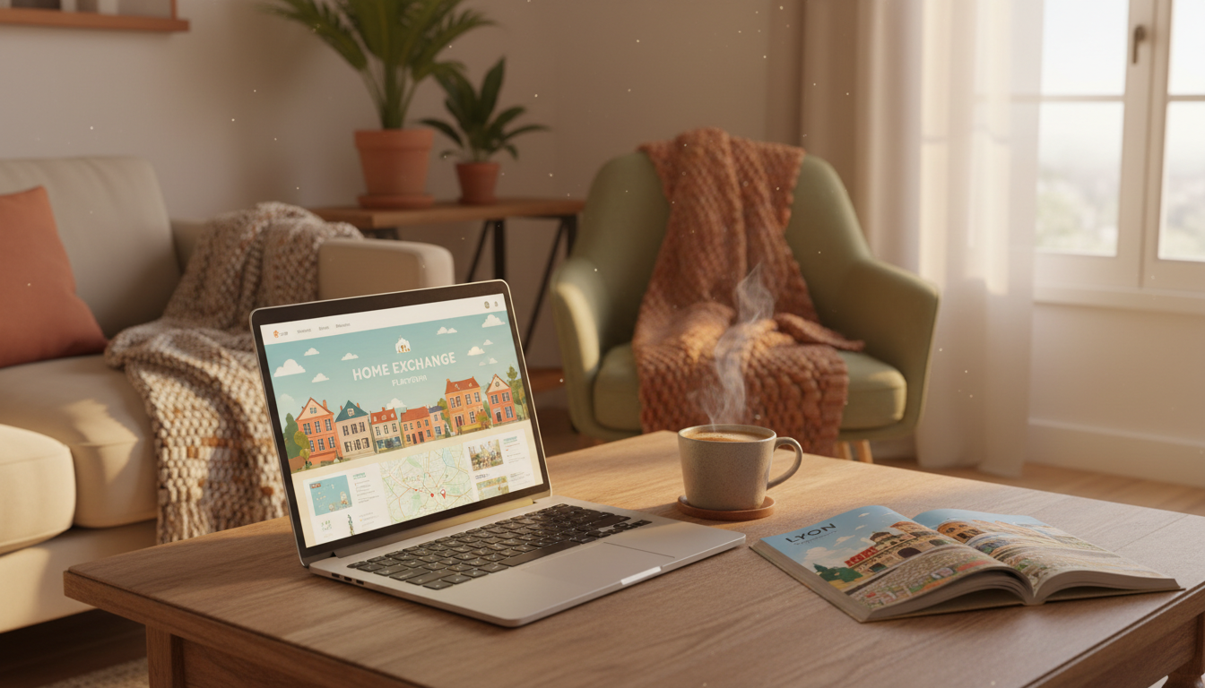 A cozy living room setup with a laptop showing a home exchange platform, a cup of coffee, and a Lyon