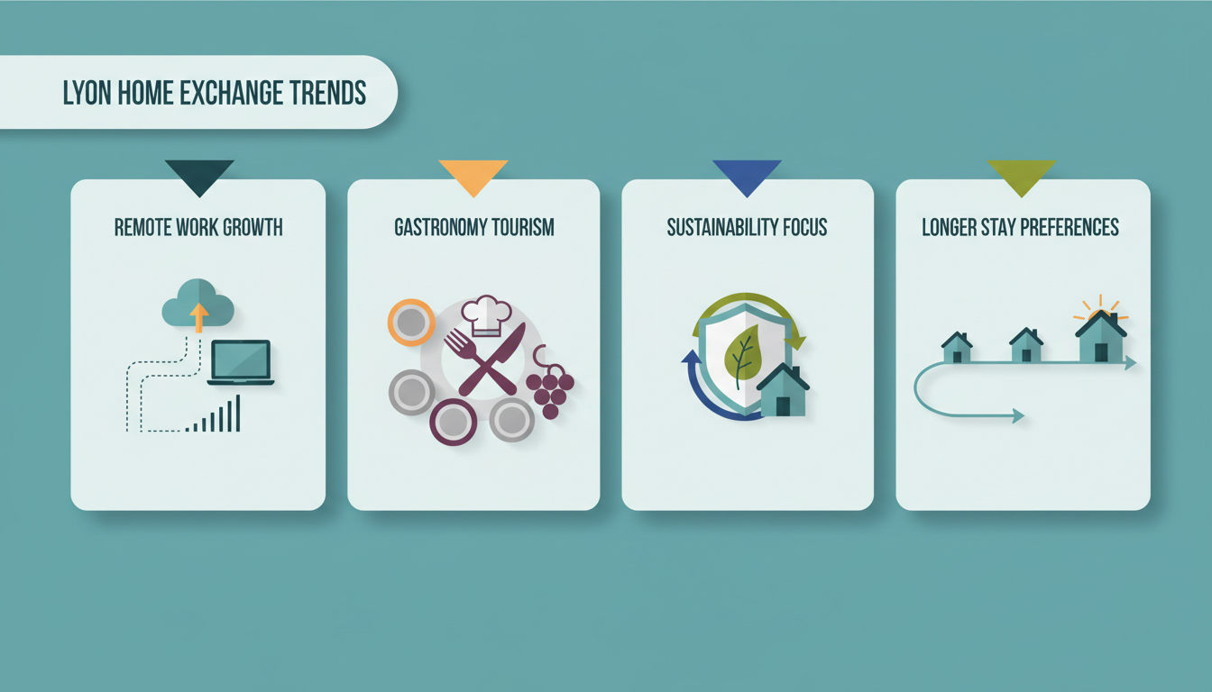 An infographic showing Lyon home exchange trends icons for remote work growth, gastronomy tourism, s