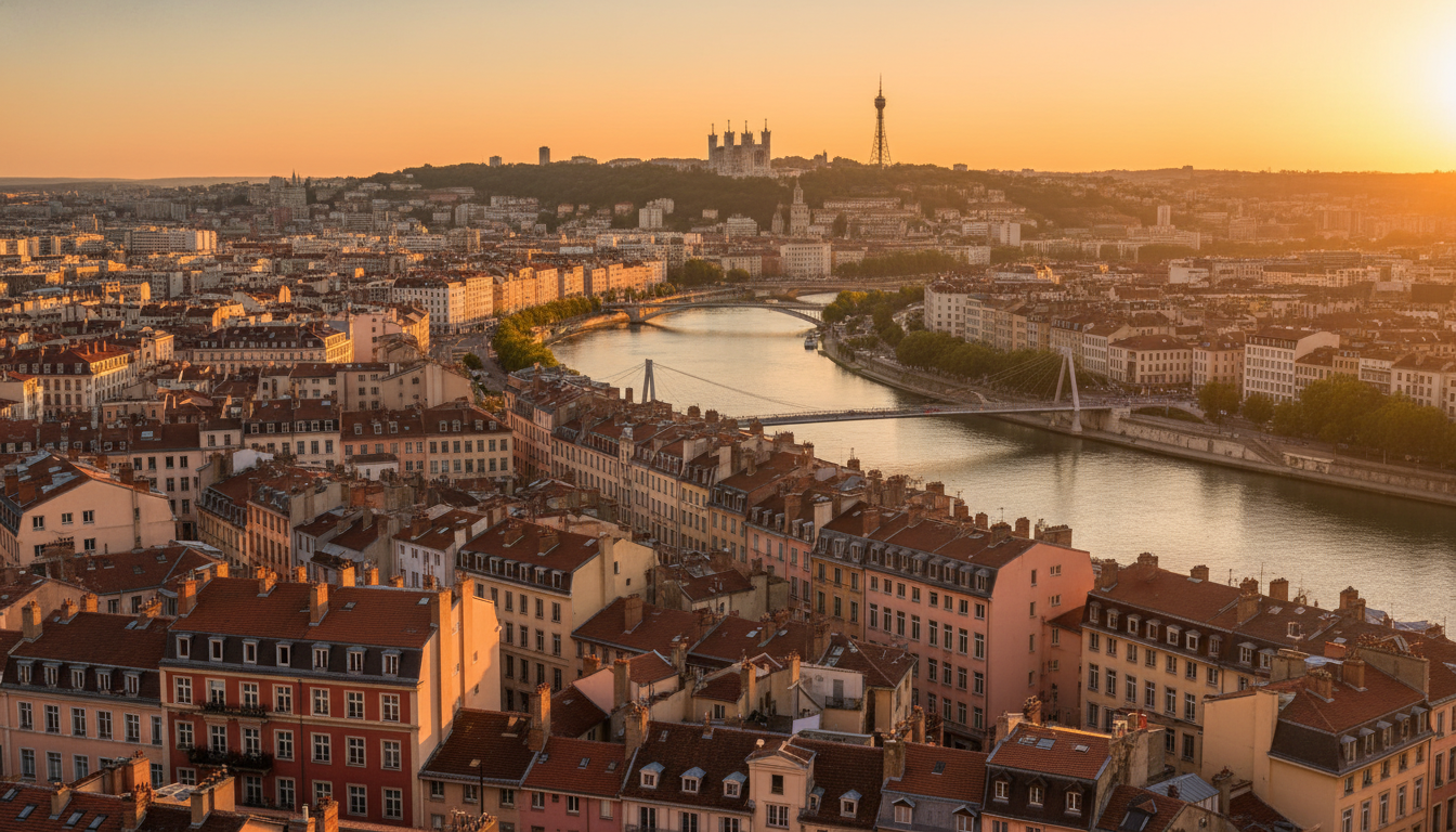 Panoramic view of Lyon showing the confluence of the Rhne and Sane rivers, with Fourvire hill in the