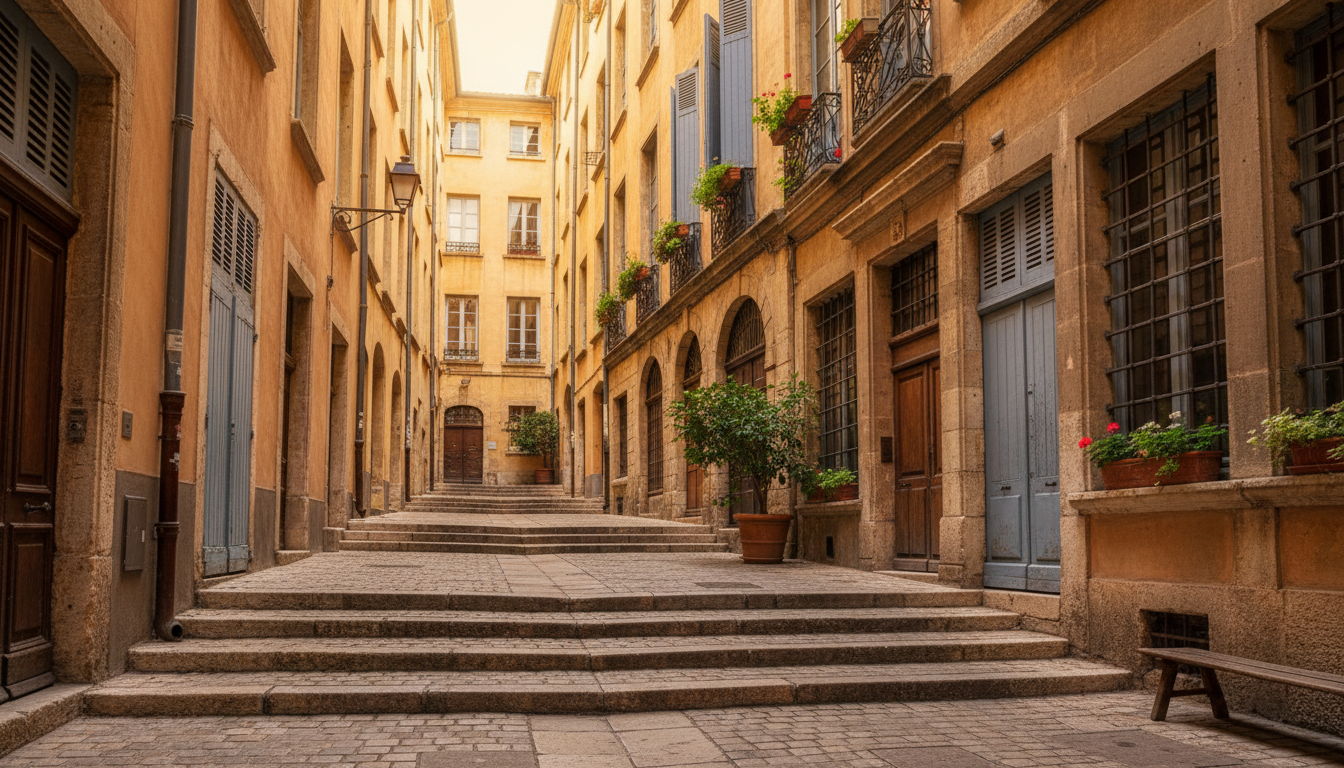 A narrow traboule passageway in Vieux Lyon, showing Renaissance architecture, worn stone steps, and