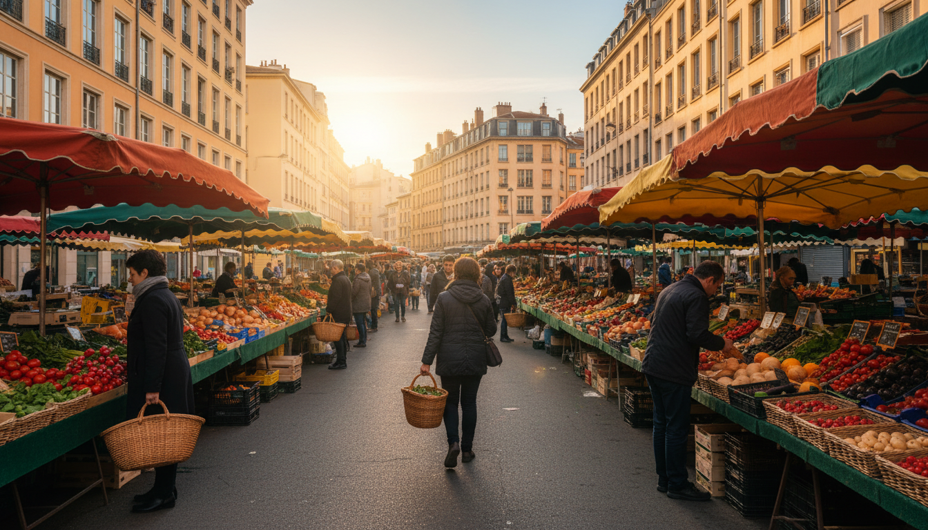 The bustling Croix-Rousse morning market with colorful produce stalls, local shoppers with wicker ba