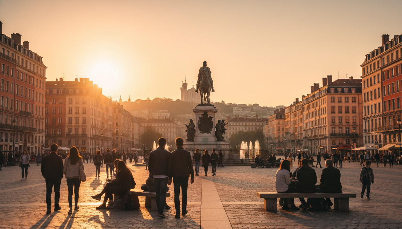 Place Bellecour at golden hour with the Louis XIV statue, Fourvire basilica visible on the hill behi