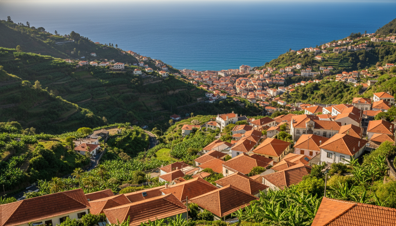 Aerial view of Funchals terracotta rooftops cascading down green hillsides toward the Atlantic Ocean