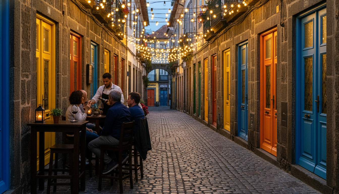 Narrow cobblestone street in Zona Velha with colorful painted doors, string lights overhead, and loc