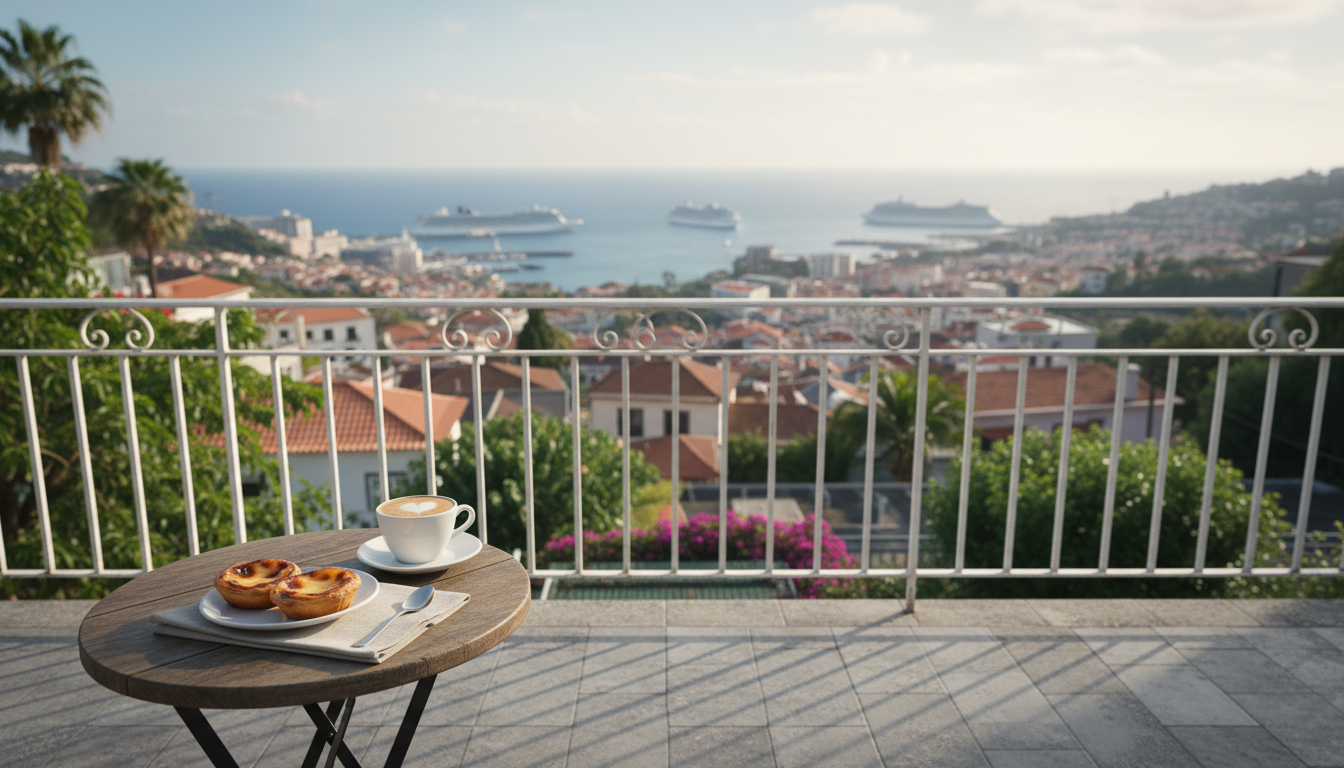 Morning view from a residential terrace in So Martinho, looking down over Funchals red rooftops towa