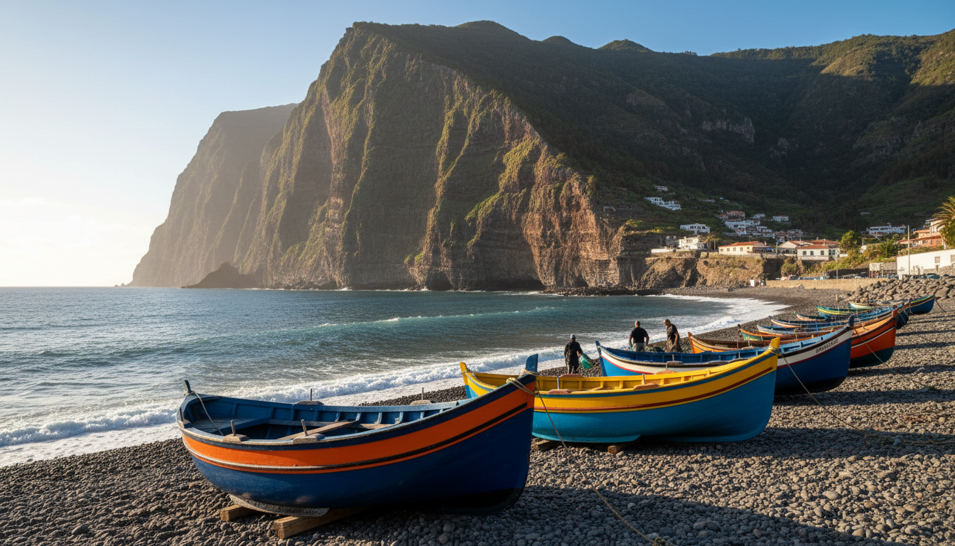 Colorful fishing boats blue, red, yellow pulled up on the pebble beach at Cmara de Lobos, with the d